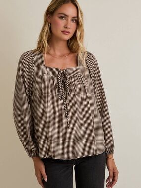 G.I.L.I. Brown Gingham Smocked Square-Neck Blouse